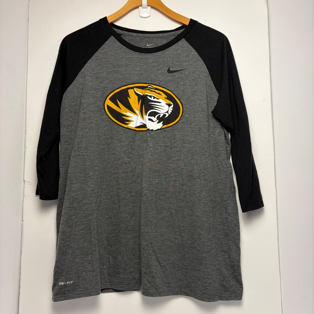 Nike Missouri Tigers Mizzou Raglan 3/4 Sleeve Dri-Fit Shirt Grey Black Large
